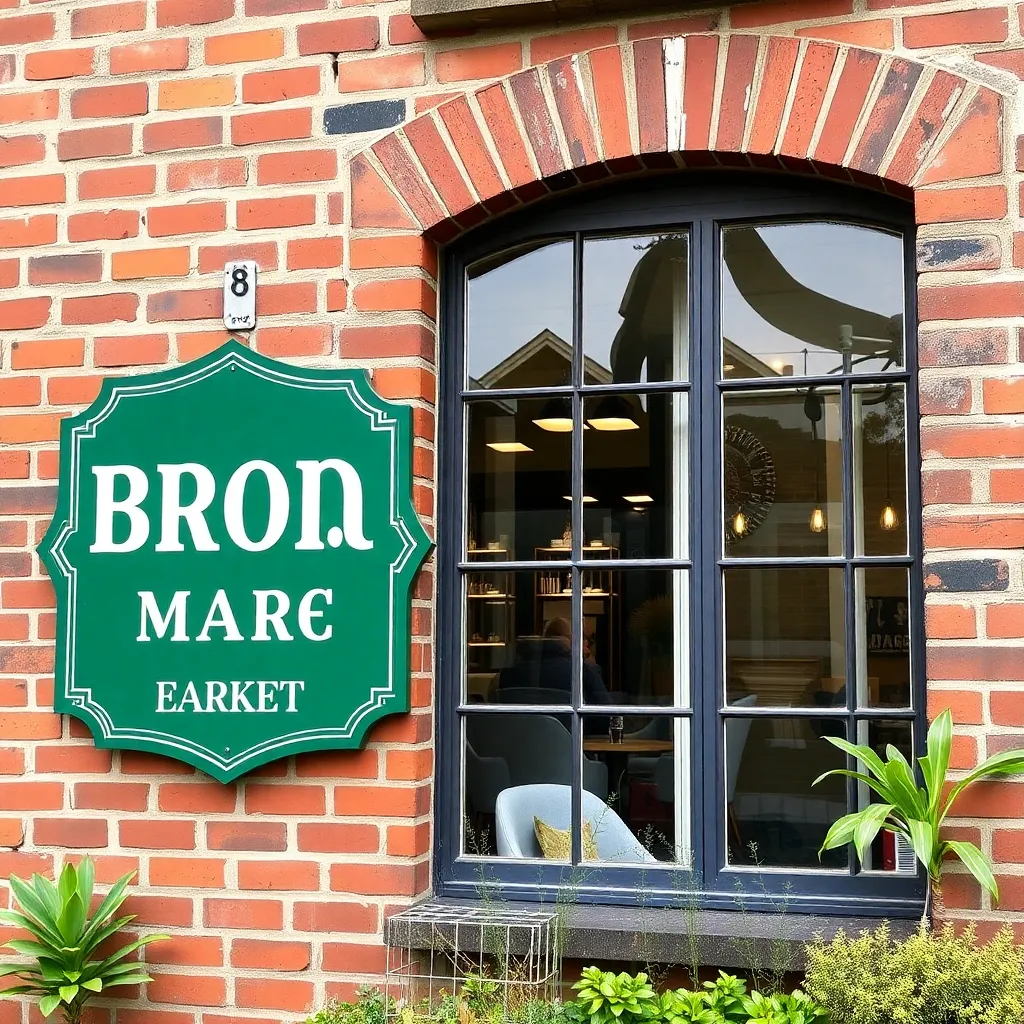 Broadway Market E.8 sign on brick building with window and plants